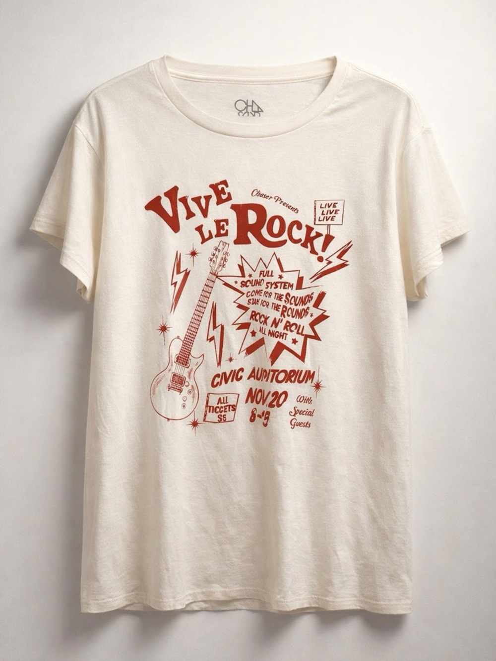 Chaser Women's 'Vive Le Rock' Cream Graphic Tee with Rust Print